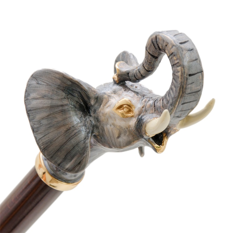 Luxury Walking Cane – Handmade Italian Wooden Cane with Enameled Brass Elephant Head Handle