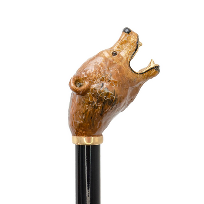 Luxury Walking Cane – Handmade Brown Bear Cane with Enameled Brass Handle & Polished Wood Shaft