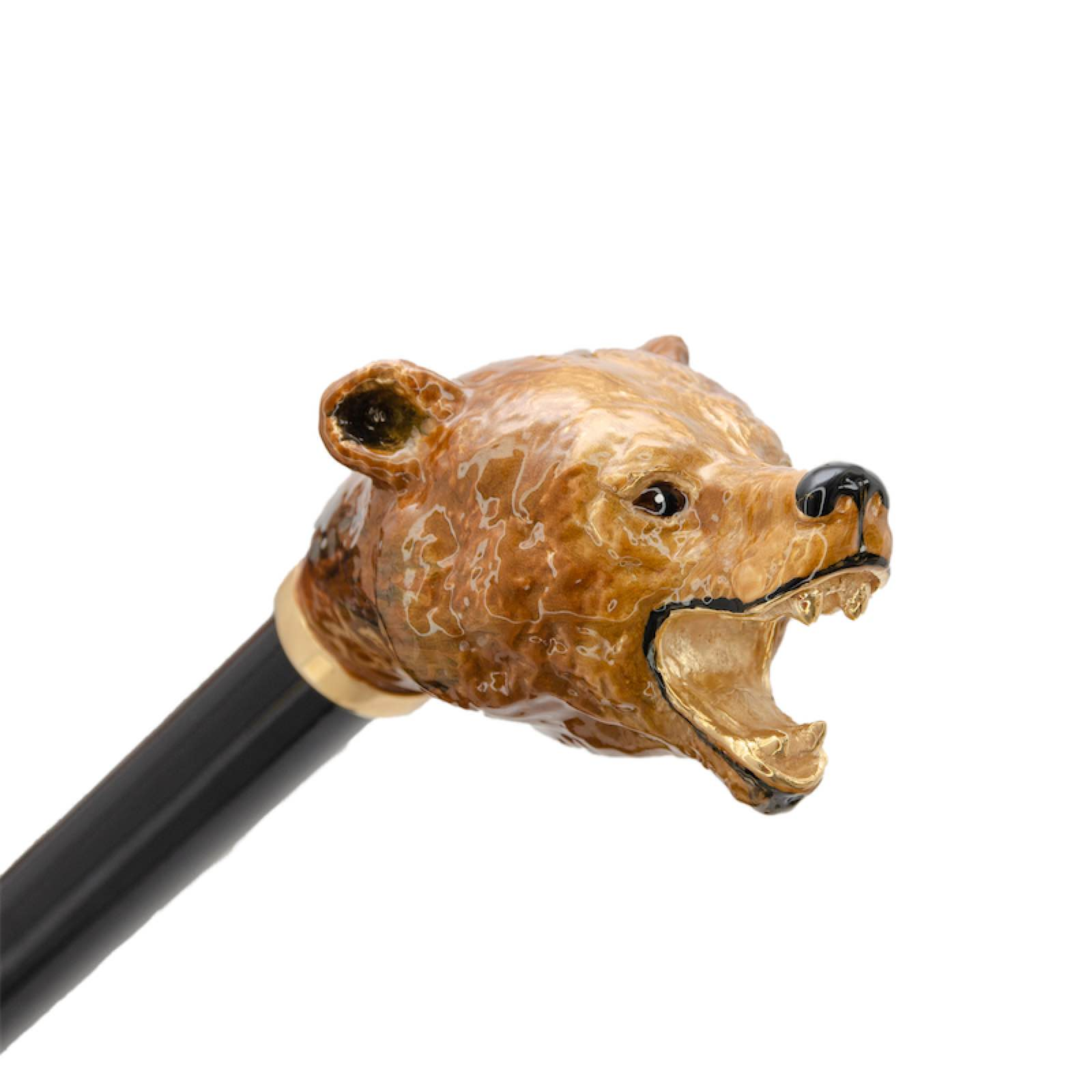 Luxury Walking Cane – Handmade Brown Bear Cane with Enameled Brass Handle & Polished Wood Shaft