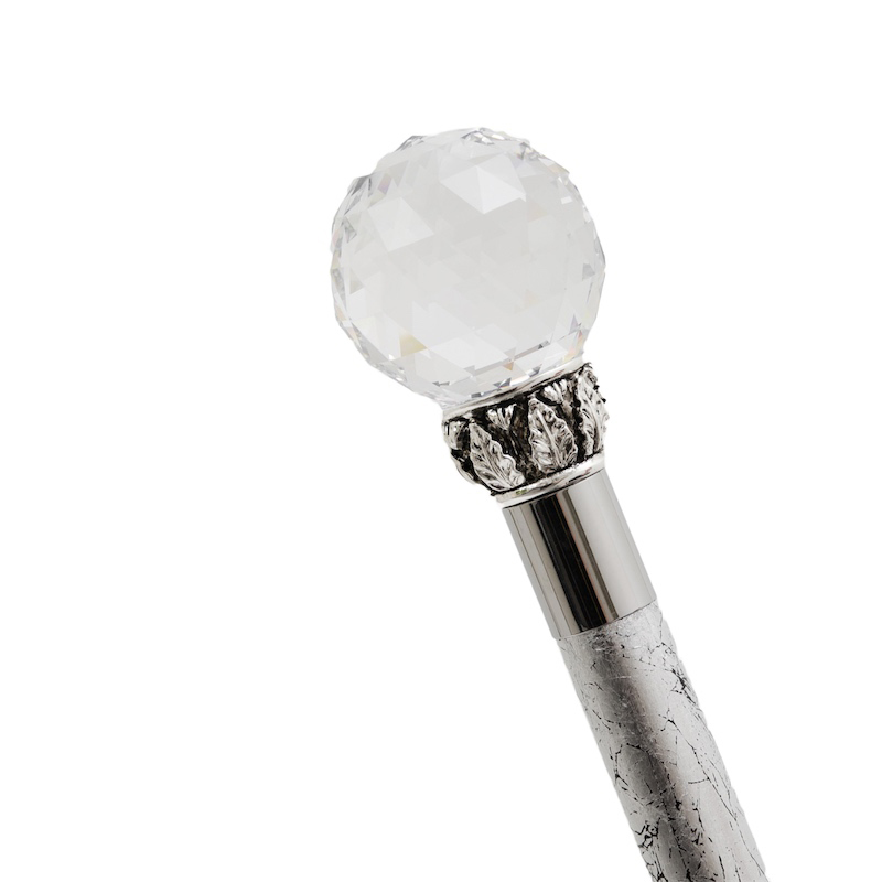 Luxury Walking Cane – Handmade Crystal Ball Handle with Silver Shaft, Brass Tip