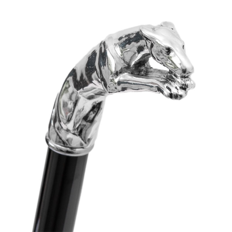Silver Greyhound Cane – Handmade Italian Designer Walking Stick With Polished Wood Shaft