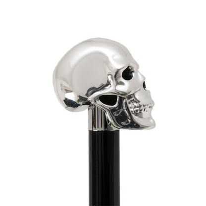 Silver Skull Walking Cane - Luxury Handmade Designer Cane with Polished Wood Shaft
