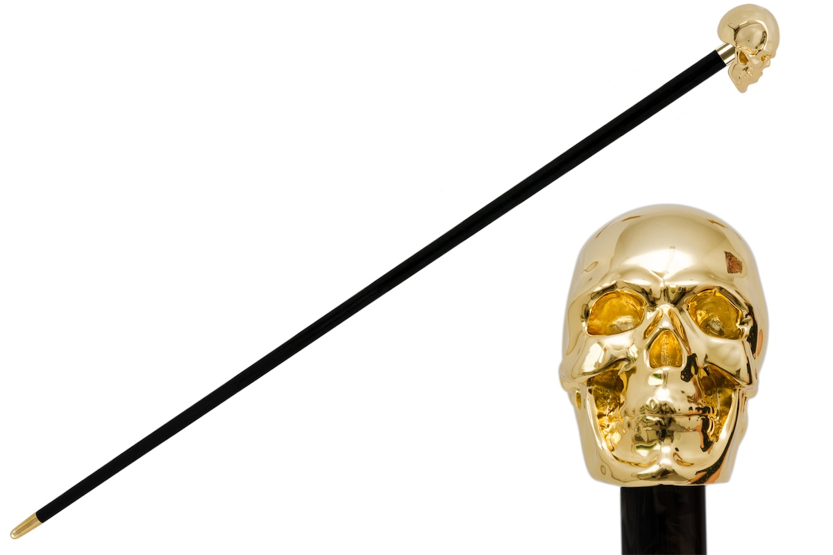 Luxury Walking Cane - Handmade Gold Skull Handle, Polished Wood Shaft, Brass Tip