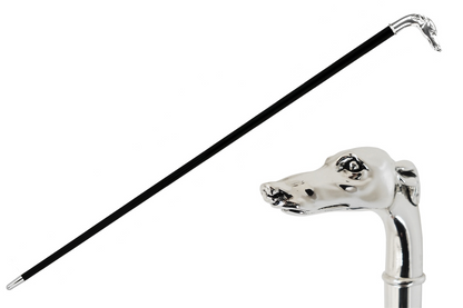 Silver Greyhound Cane – Handmade Italian Luxury Walking Stick With Polished Wood Shaft