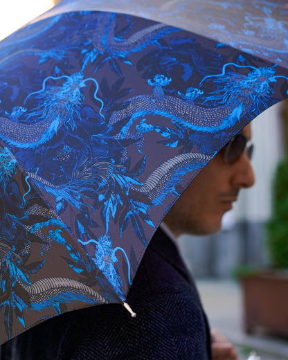 Luxury Ilmarchesato dragon umbrella for men with modern design and silver handle, handmade and stylish for rainy days.