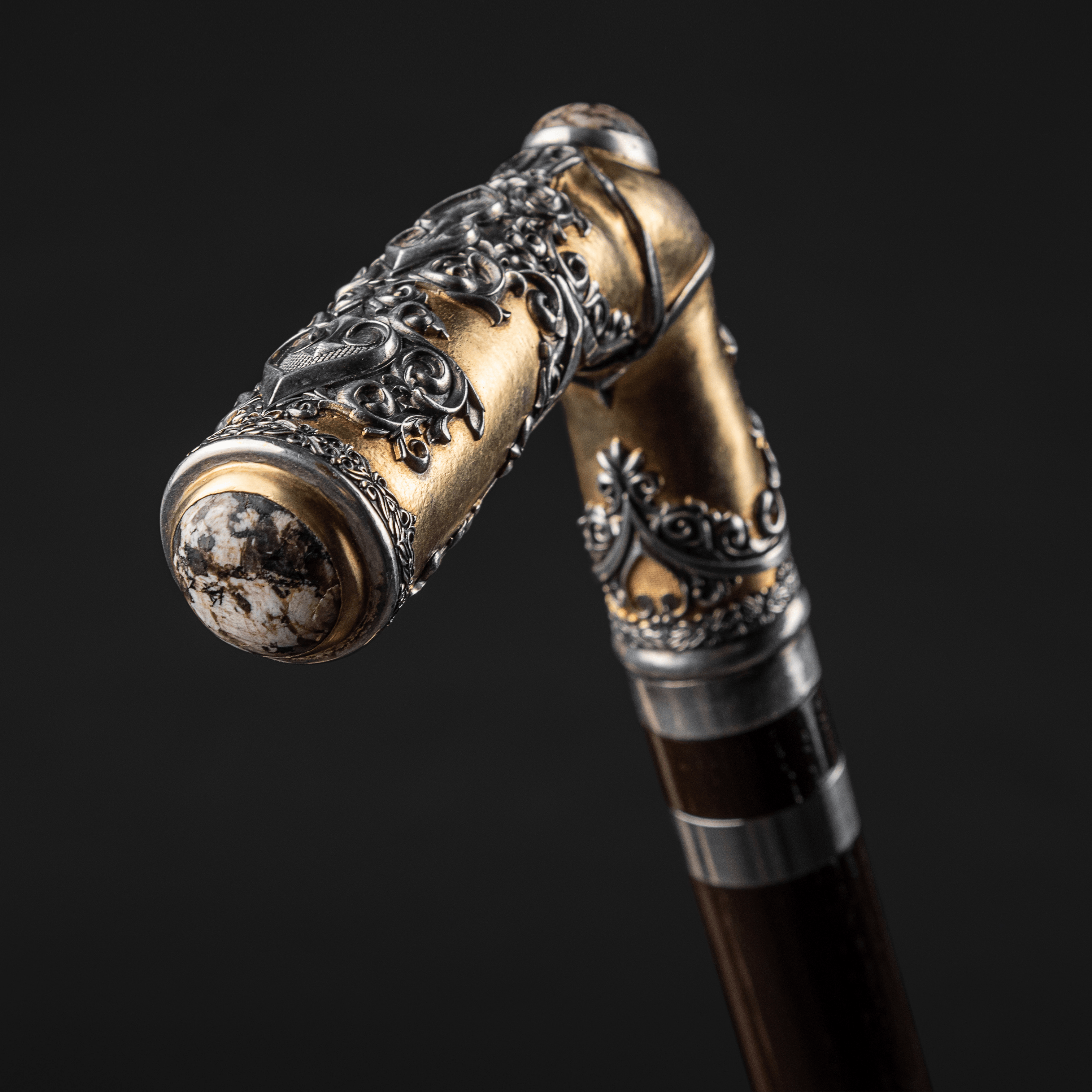 Antique fancy presentation walking cane with ornate design, crafted by ARTWalkingSticks, featuring a decorative handle and detailed craftsmanship.