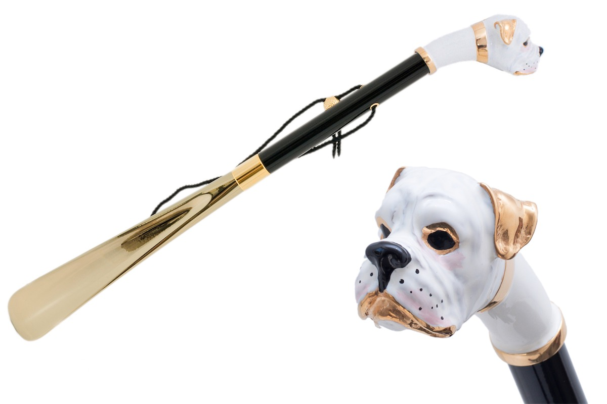 White Boxer Shoehorn – Handmade Italian Shoe Horn with Enameled Brass Handle