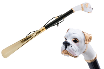 White Boxer Shoehorn – Handmade Italian Shoe Horn with Enameled Brass Handle