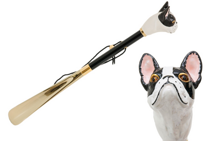 French Bulldog Shoehorn – Handmade Italian Enameled Brass Handle with Wooden Shaft