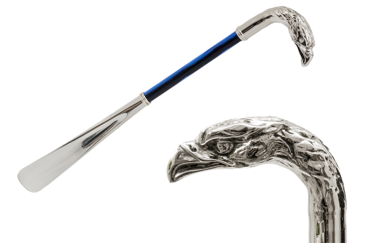 Silver Eagle Shoehorn – Long Handled Blue Artisan Shoe Dressing Accessory