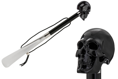 Black Skull Shoehorn – Handmade Luxury Long Handled Shoe Horn With Wood Shaft