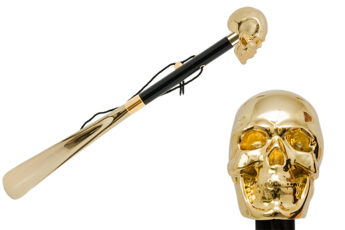 Gold Skull Shoehorn – Handcrafted Long Handled Italian Gift with Gilt Resin Handle