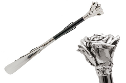 Silver Rose Shoehorn – Luxury Long Handled Wooden Shoe Horn with Silver Plated Handle