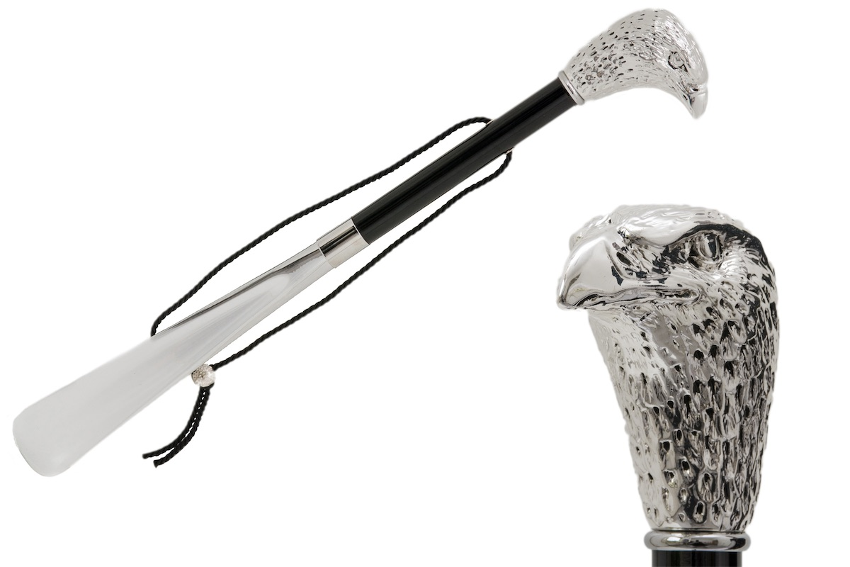 Silver Plated Shoehorn – Long Handled Eagle Handle With Wood Shaft & ABS End