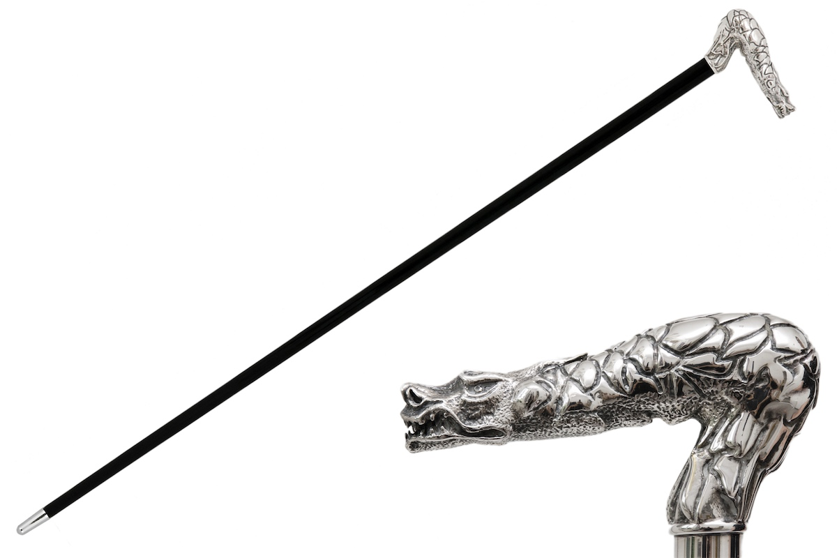Pasotti dragon cane with sculptural brass dragon handle, showcasing intricate craftsmanship and classic walking cane design.