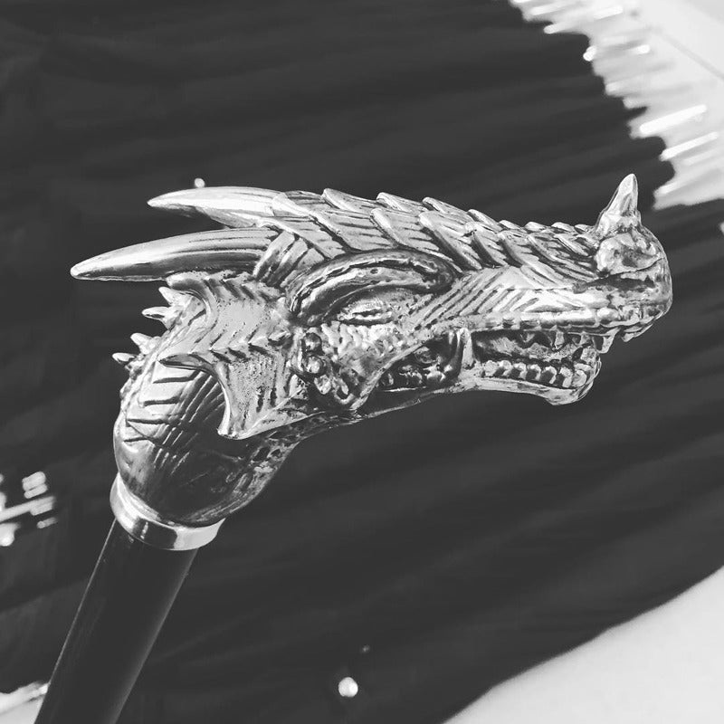 Handmade Italian luxury men's umbrella by Pasotti with a silver dragon-shaped handle and intricate dragon-themed design.