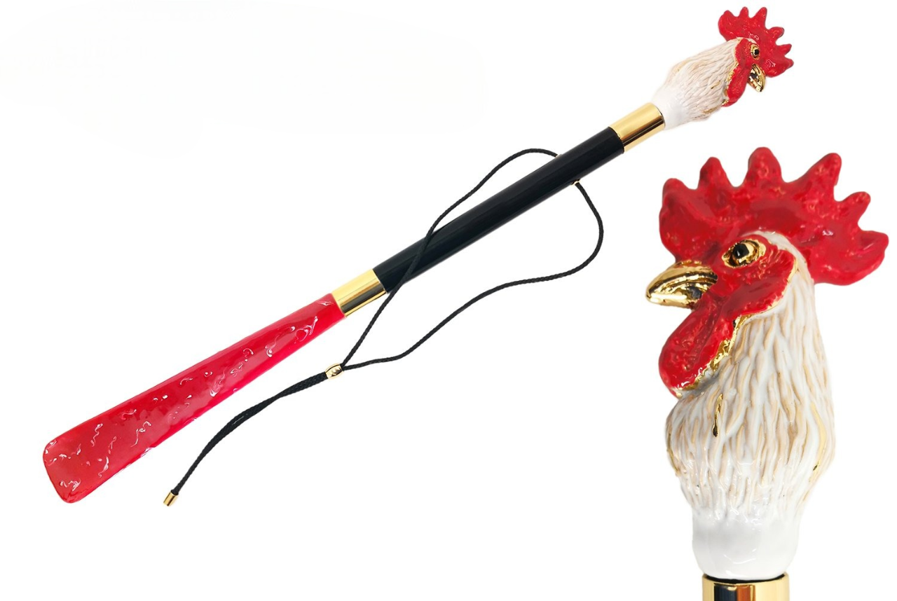 Italian Shoehorn Featuring Enamelled Rooster Handle, Black Lacquered Shaft & Gift Box Packaging