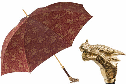Burgundy Pasotti umbrella featuring a golden dragon print, showcasing luxury Italian craftsmanship for men.