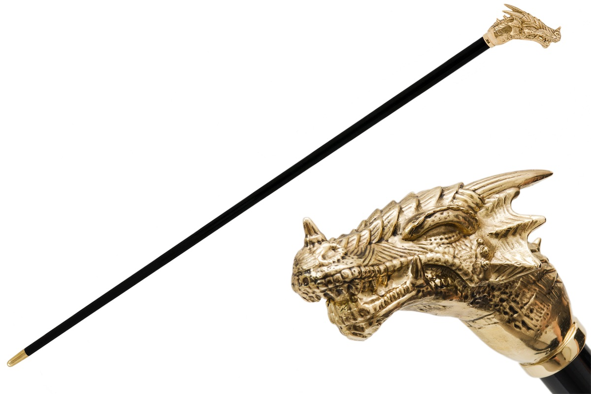 handmade golden dragon walking cane from italy