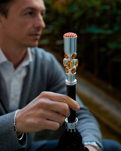 Luxury striped men's umbrella with silver-plated handle and topaz crystal detail, automatic opening, by Ilmarchesato.