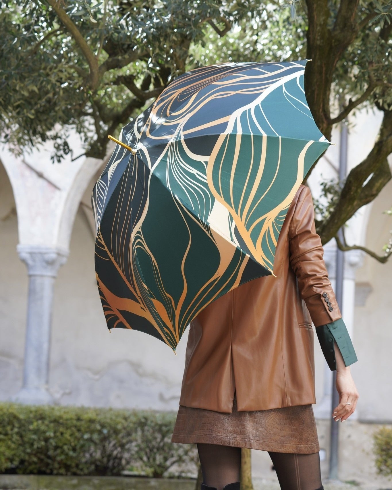 Gold plated rain umbrella with handmade Italian satin canopy and emerald crystal handle, designed by Ilmarchesato.