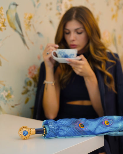 Folding Umbrella Women – Luxury Peacock Design with Sapphire Crystal Handle