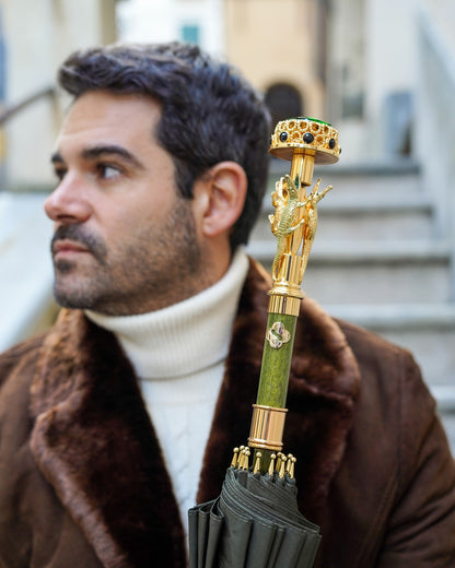 Handsome men's dark green handmade Italian umbrella with a 24K gold handle, stylish rain protection by Ilmarchesato.