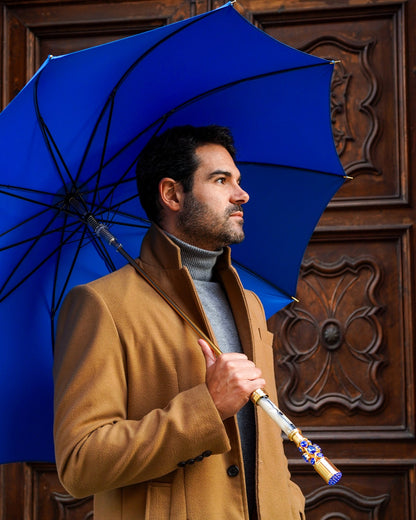 Elegant blue canopy men's umbrella with 24K gold handle and automatic open feature by Ilmarchesato.