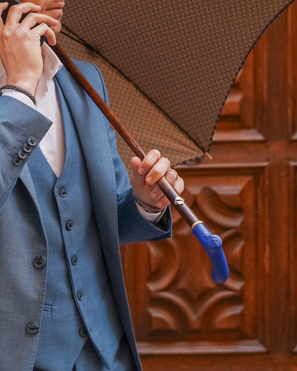 Blue leather handle designer umbrella for men with flamed beech wood shaft, luxury rain gear by Ilmarchesato