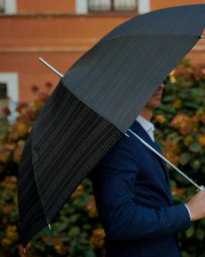 Silverplated Medusa umbrella for men with black Greek pattern, automatic opening rain umbrella by Ilmarchesato