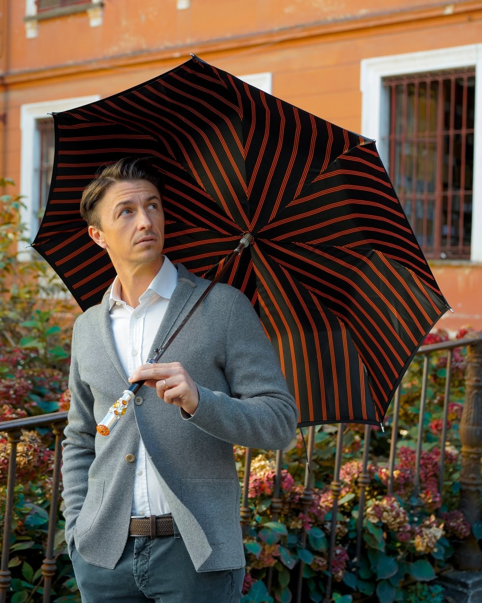 Luxury striped men's umbrella with silver-plated handle and topaz crystal detail, automatic opening by Ilmarchesato