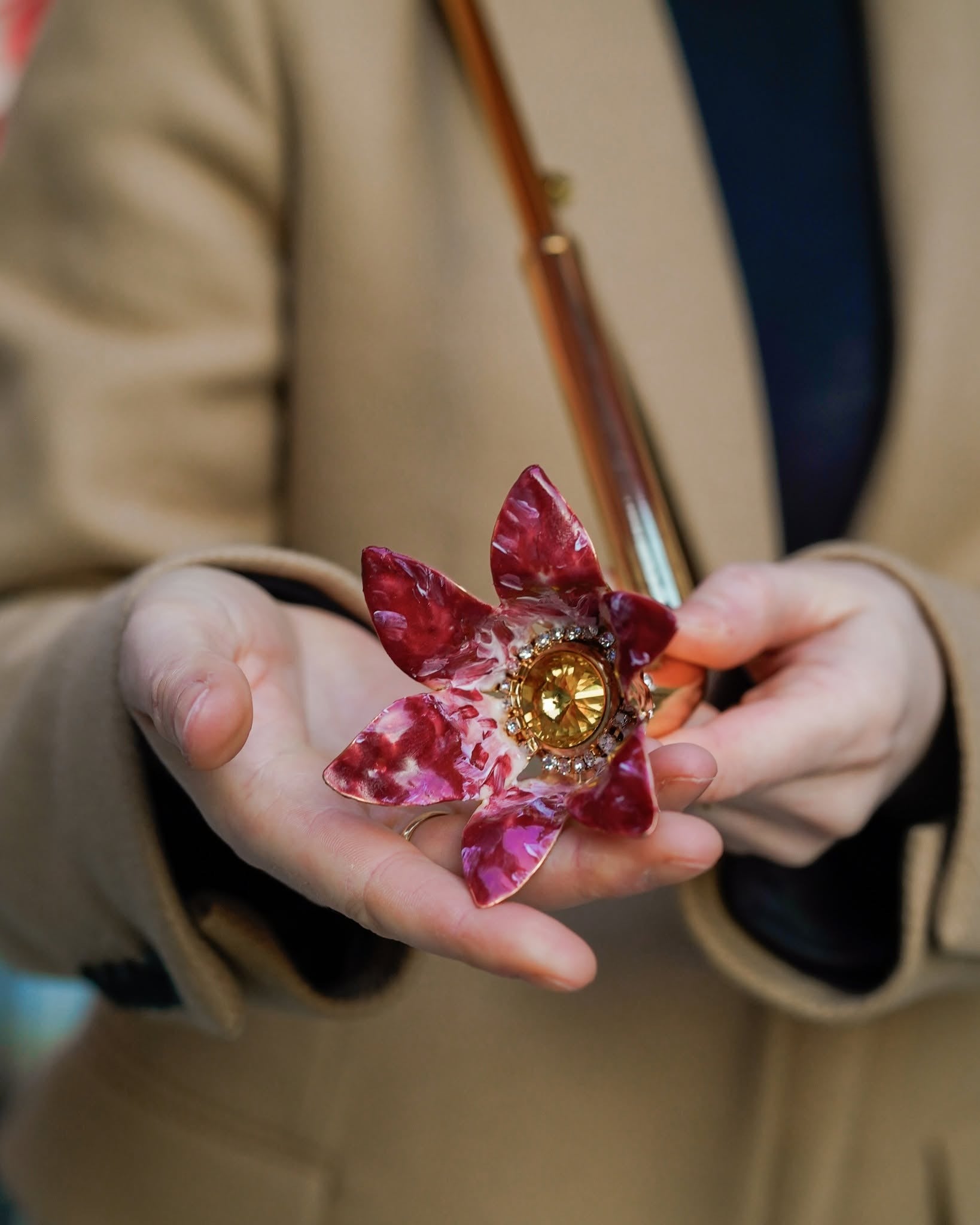 Hand-painted floral design on satin canopy of Ilmarchesato luxury rain umbrella with 24K gold handle, Italian handmade.