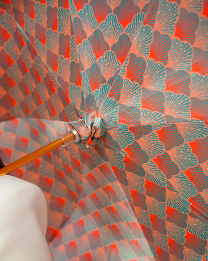 Goldplated octopus umbrella with satin coral canopy, Swarovski crystals, handmade Italian rain umbrella by Ilmarchesato.