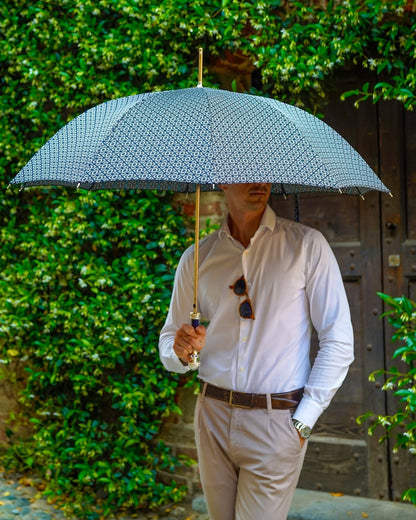 Handmade Italian men's Jacquard umbrella with silver-plated handle, stylish rain protection from Ilmarchesato.