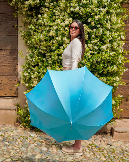 Silver plated Italian rain umbrella with crystal handle, handcrafted by Ilmarchesato, featuring a sleek, elegant design for rainy days.