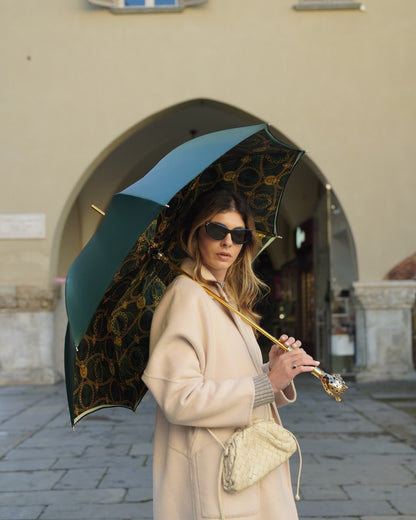 Green luxury handmade Italian rain umbrella with leopard print handle, stylish waterproof umbrella by Ilmarchesato.