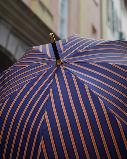 Orange striped men's umbrella with handcrafted leather handle, Italian-made luxury rain umbrella by Ilmarchesato.