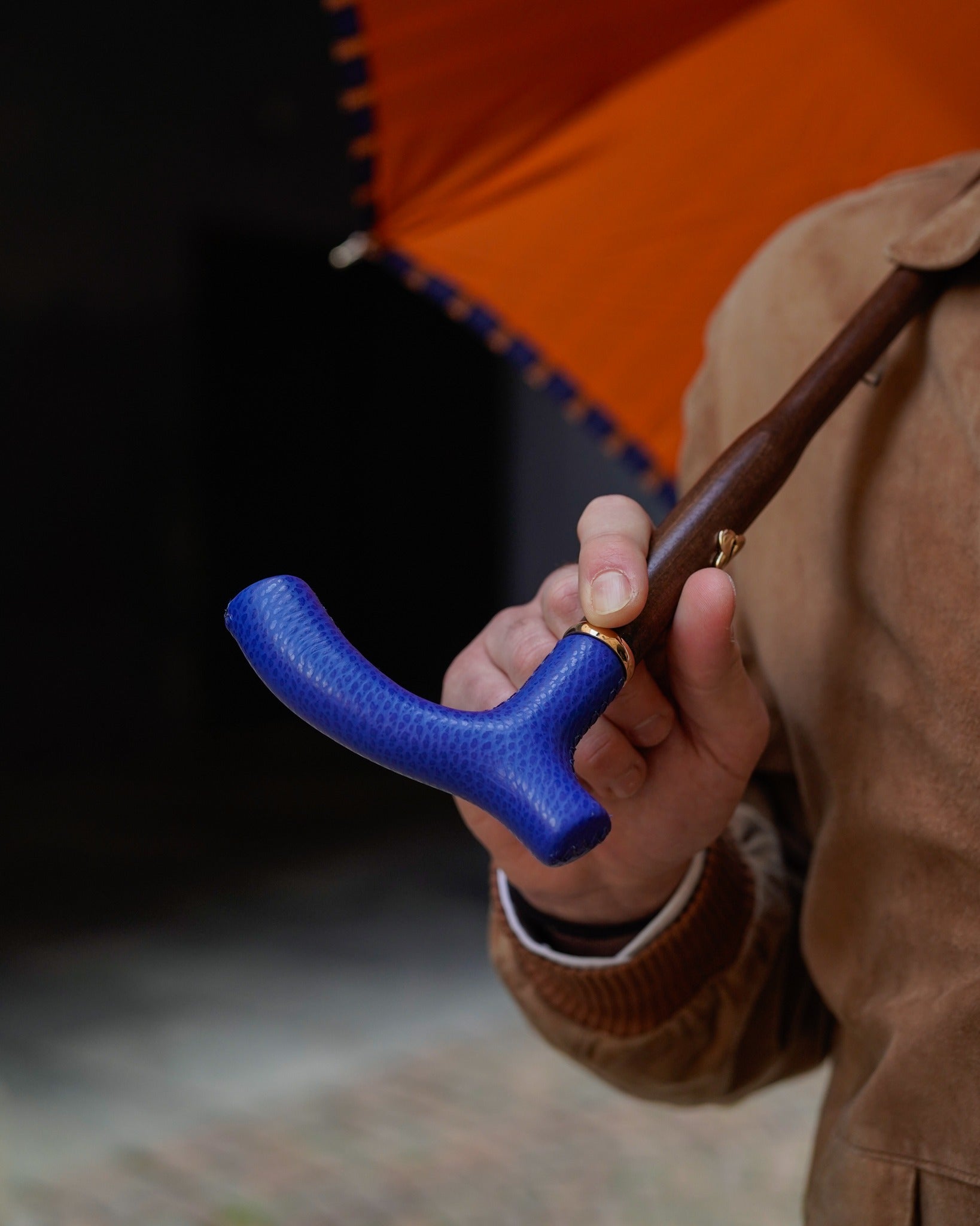 Orange striped men's umbrella with handcrafted leather handle, Italian-made luxury rain umbrella by Ilmarchesato.