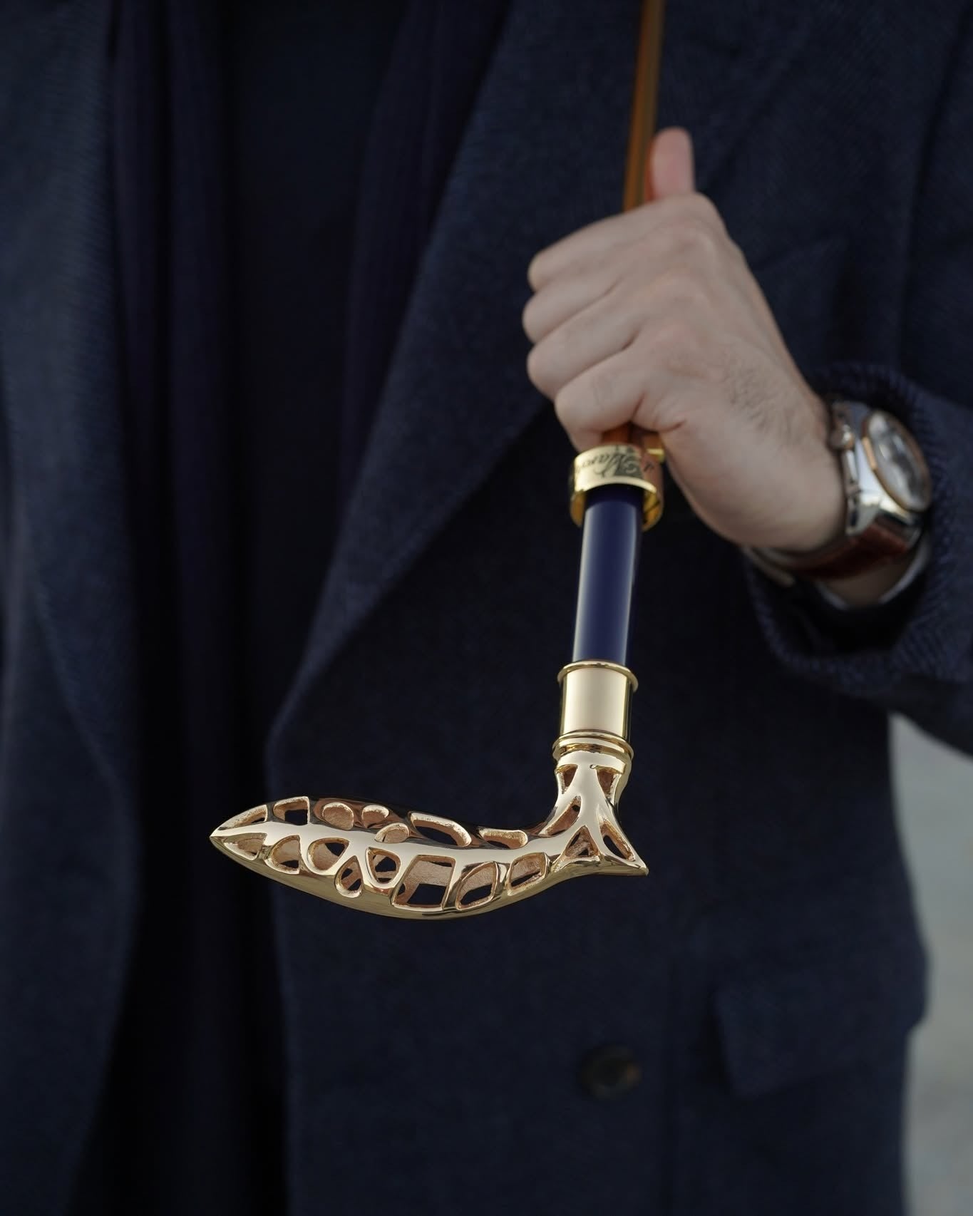 Men's luxury handmade Italian rain umbrella with gold-plated handle, stylish protection from the weather.