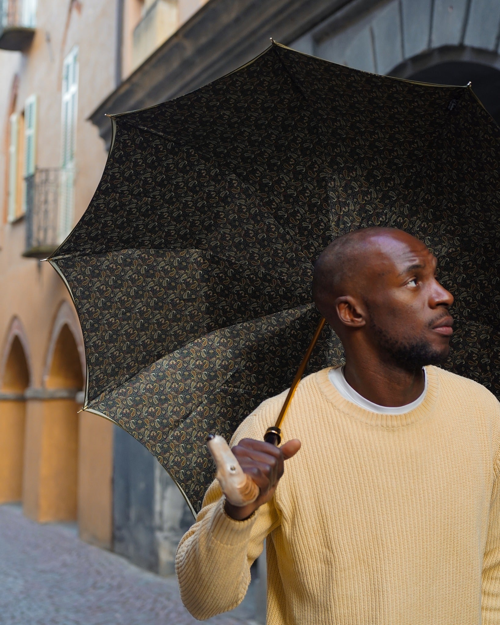 Men's umbrella by Ilmarchesato with a hand-painted design and a 24K gold-plated greyhound handle, stylish and luxurious.