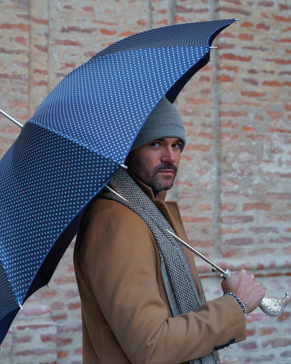 Elegant handmade Italian men's umbrella with silver-plated hawk handle, featuring a classic canopy and detailed craftsmanship.