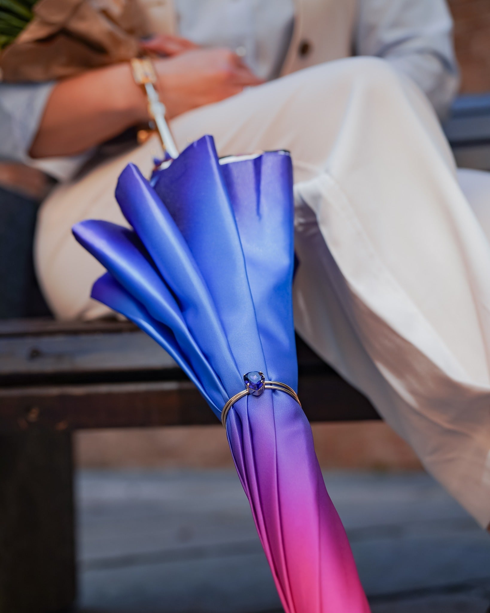 Luxury purple double canopy rain umbrella by Ilmarchesato with gold-plated handle, handmade Italian design, shown open in the image.