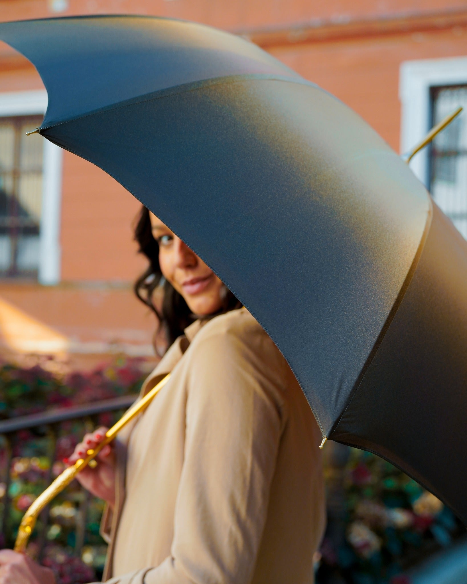 Colorful butterfly print luxury rain umbrella for women with double canopy by Ilmarchesato, open showing vibrant butterfly design.
