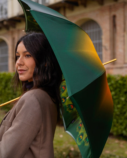 Green peacock umbrella with handmade Italian satin canopy, luxury rain gear by Ilmarchesato, stylish women's rain umbrella.