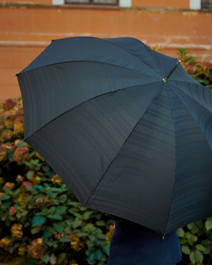 Silverplated Medusa umbrella for men by Ilmarchesato, black Greek pattern, automatic opening rain umbrella with silver accents.