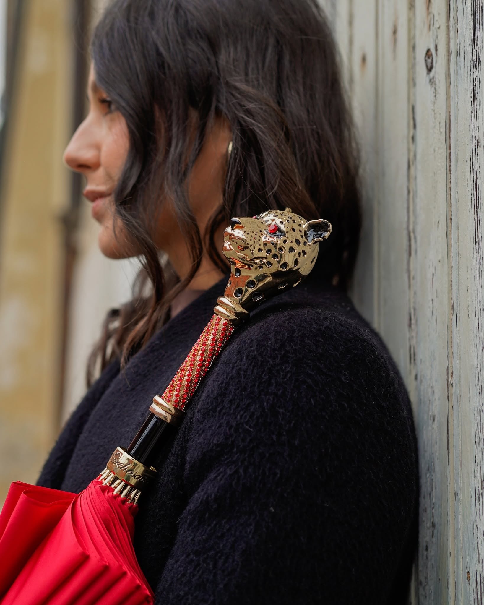 Ilmarchesato designer red rain umbrella with jeweled panther handle, limited edition luxury rain umbrella, stylish and elegant.