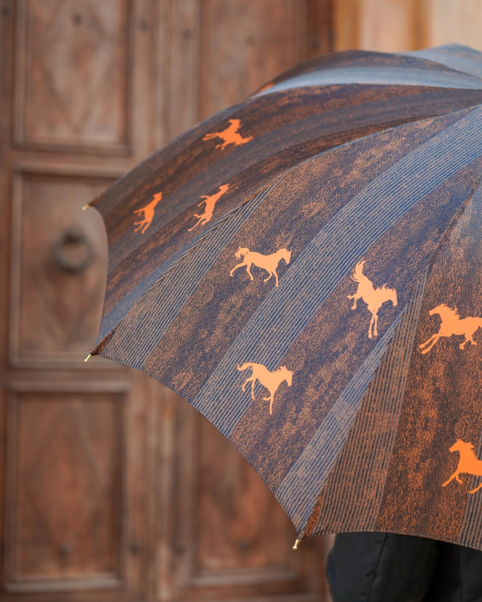 Men's Ostrish Leather Umbrella by Ilmarchesato with fibercarbon horse design, automatic opening and stylish protection.