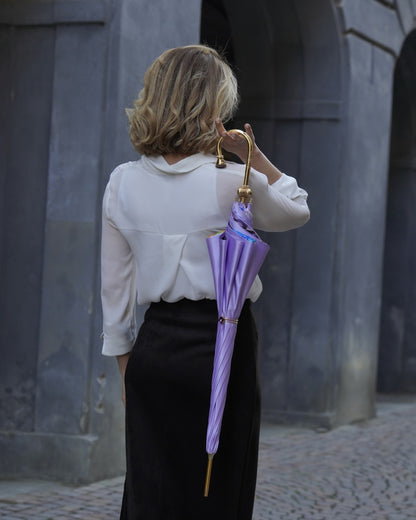 Handmade Italian satin flowered rain umbrella with lilac color and amethyst crystal handle by Ilmarchesato.