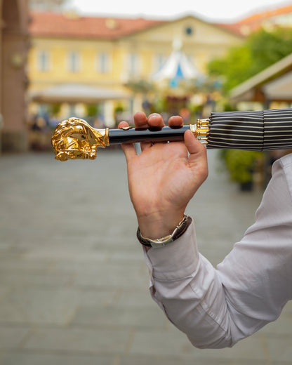 Black striped gentleman’s umbrella with a 24K gold horse handle, luxury rain umbrella for men by Ilmarchesato.
