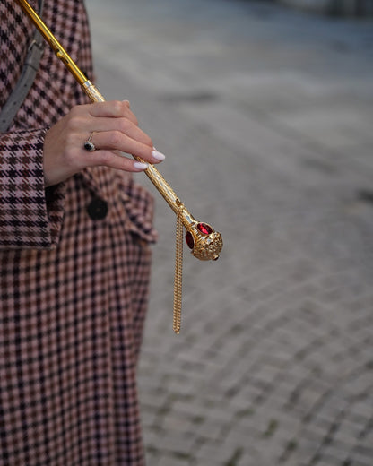 Luxury Burgundy Ilmarchesato rain umbrella with automatic opening, regal crown design, and red stone handle.